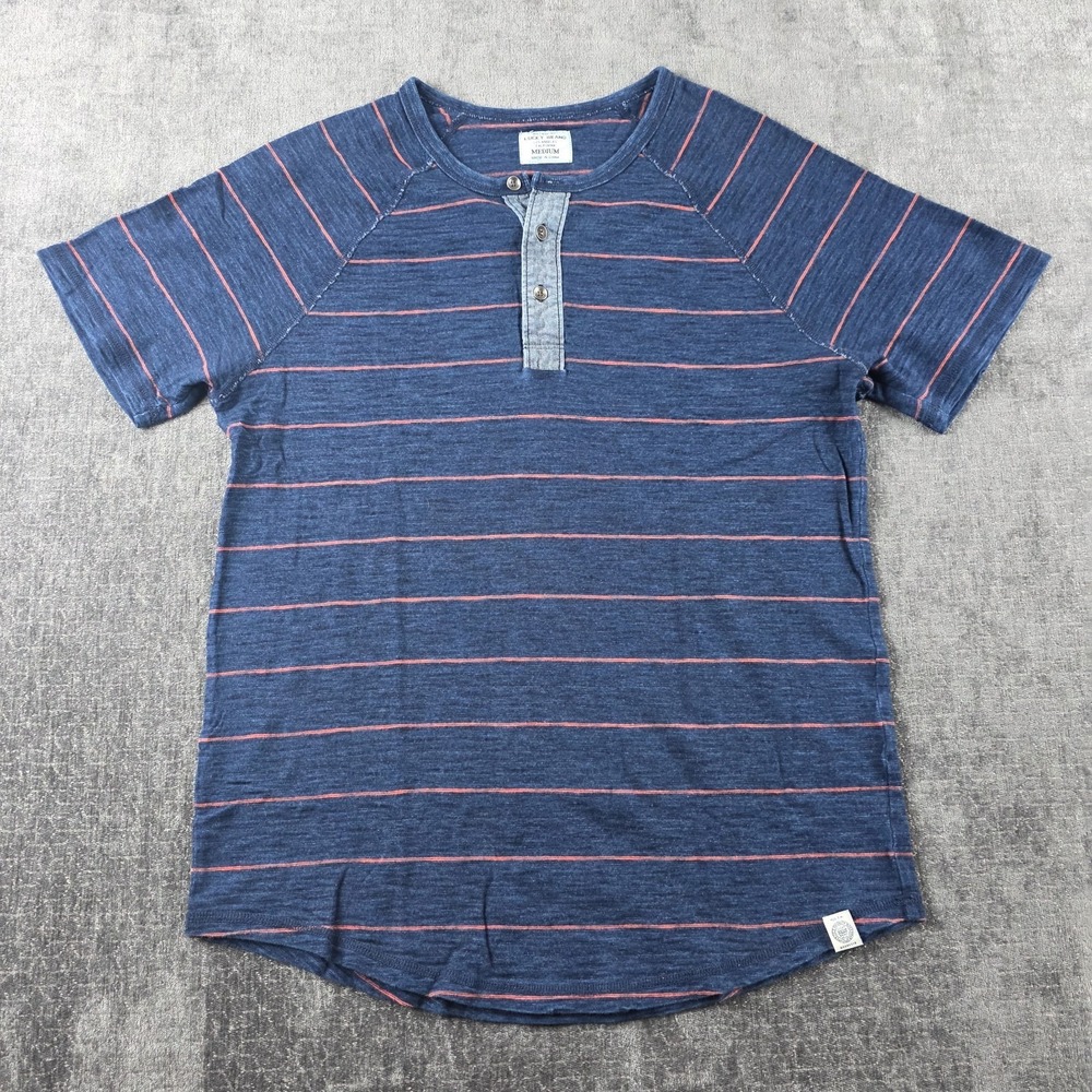 Lucky Brand Henley T Shirt Mens Medium Indigo Striped Short Sleeve Prep Beach M
